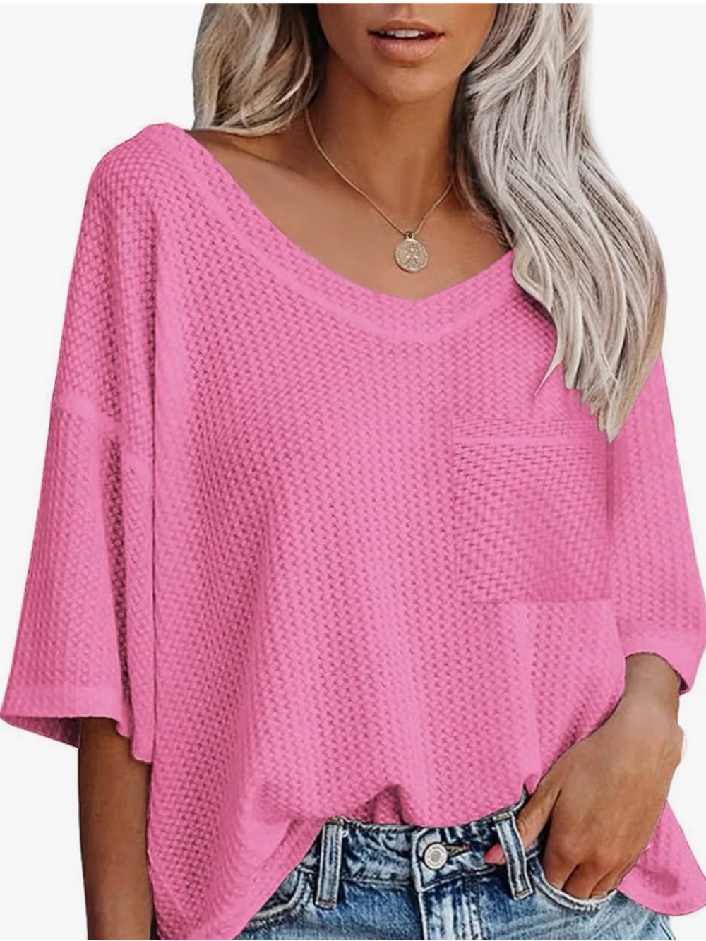 Women's Pink V-Neck Pocket Top.